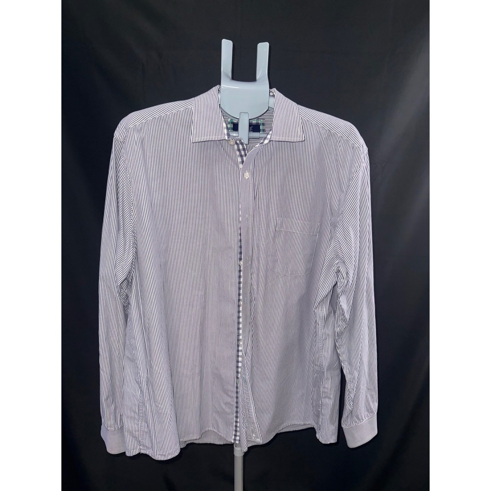 GH Bass & Co. Mens Striped Button Down Shirt Navy White Gingham Trim XL